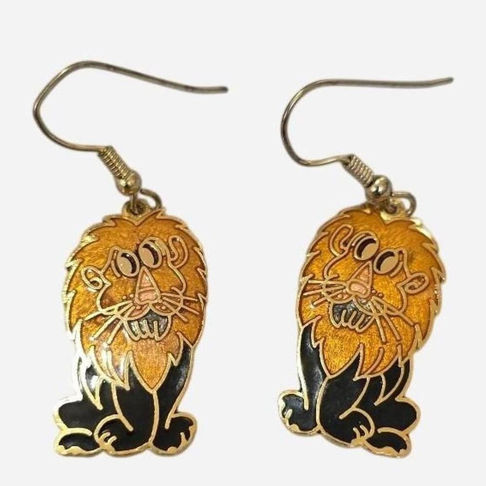 Vintage 80s cloisonne black lion earrings